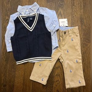 Janie and Jack sailboat pants, button down and cable knit sweater vest